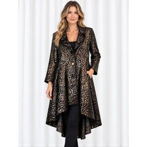 The Pyramid Collection Vintage Black Gold Leopard Velvet High Low Frock Jacket